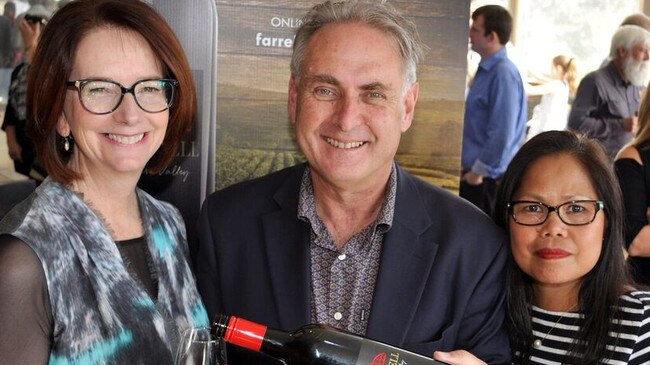 Julia Gillard with Don Farrell and wife Nimfa at the launch of a new Farrell Wines shiraz.