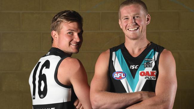 Ollie Wines and Tom Clurey in Port Adelaide’s new jumper. Picture: Tricia Watkinson.