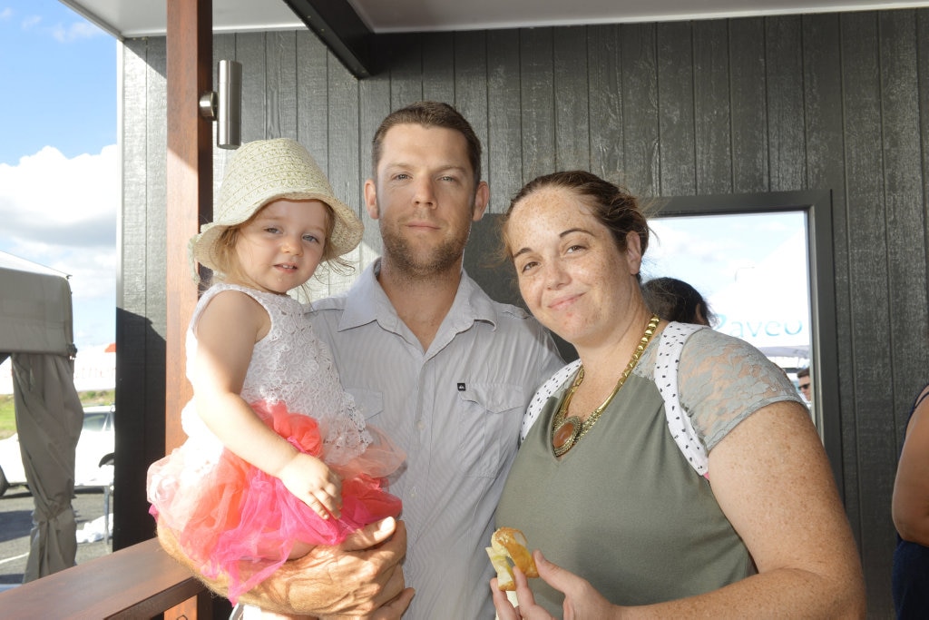 Aveo Springfield open day. Harper Forsyth, 2, Grant Forsyth and Alicia Forsyth. Picture: Inga Williams