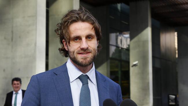 Lawyer Zander Croft, who acted for the media, speaks outside the Brisbane Supreme Court after Bruce Lehrman was named as the high profile accused in a rape case. Picture: NCA NewsWire/Tertius Pickard