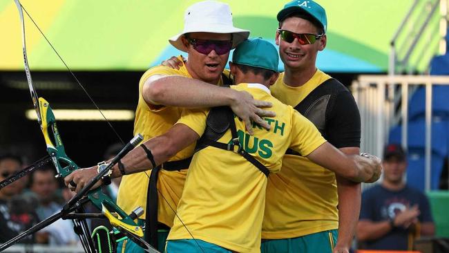 RIO DE JANEIRO, BRAZIL - AUGUST 06:  (L-R) Ryan Tyack, Taylor Worth and Alec Potts of Australia celebrate beating China during the Men's Team Third Place match on Day 1 of the Rio 2016 Olympic Games at the Sambodromo on August 6, 2016 in Rio de Janeiro, Brazil.  (Photo by Paul Gilham/Getty Images). Picture: Paul Gilham