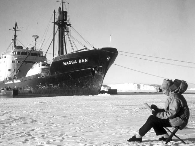 A photo of Nel Law and their ship Magga Dan taken by her husband Phillip Law on Chick Island in Antarctica in 1961. Must credit Australian Antarctic Divison. One time use only.