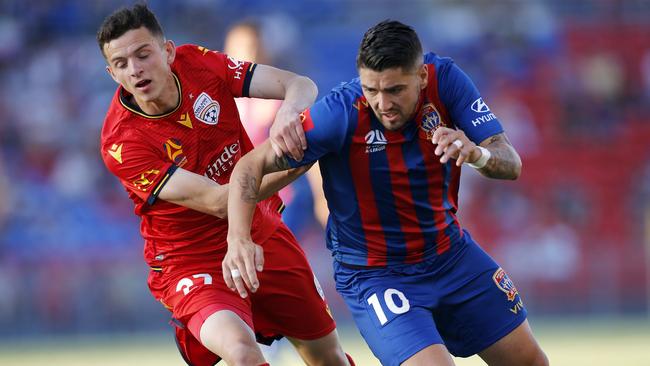 Adelaide’s Louis D’Arrigo (left) and Newcastle’s Dimi Petratos compete for the ball. Picture: AAP