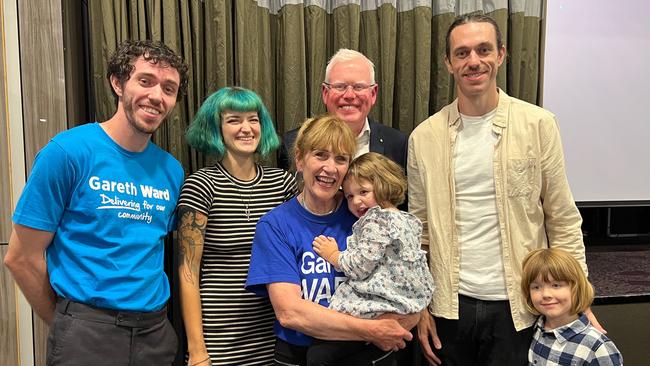 Kiama MP Gareth Ward with his mother, two brothers, sister-in-law and nephew and niece on election night. Picture: Dylan Arvela