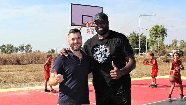 Brent Potter and Nate Jawai from the Darwin Salties NBL1 team at the Minmarama Park basketball court.