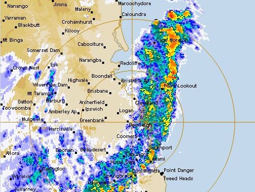 The radar showed the band of wild weather heading off the southeast Queensland coast about 5.15pm. Picture: Bureau of Meteorology