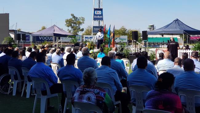 Senator Patrick Dodson speaks at John Ah Kit's state funeral. Picture: Che Chorley