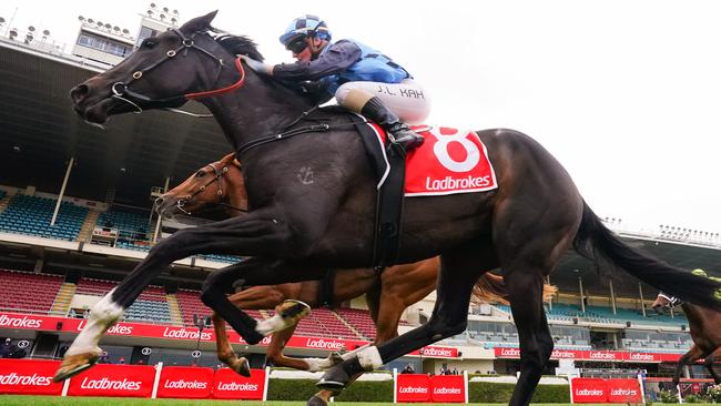 La Mexicana, ridden by Jamie Kah, takes out the Crockett Stakes at Moonee Valley.