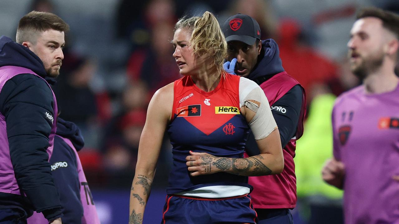 Melbourne star Tayla Harris will miss the rest of 2024 after suffering a fresh injury to her left shoulder against Geelong on Saturday night. Picture: Daniel Pockett / Getty Images