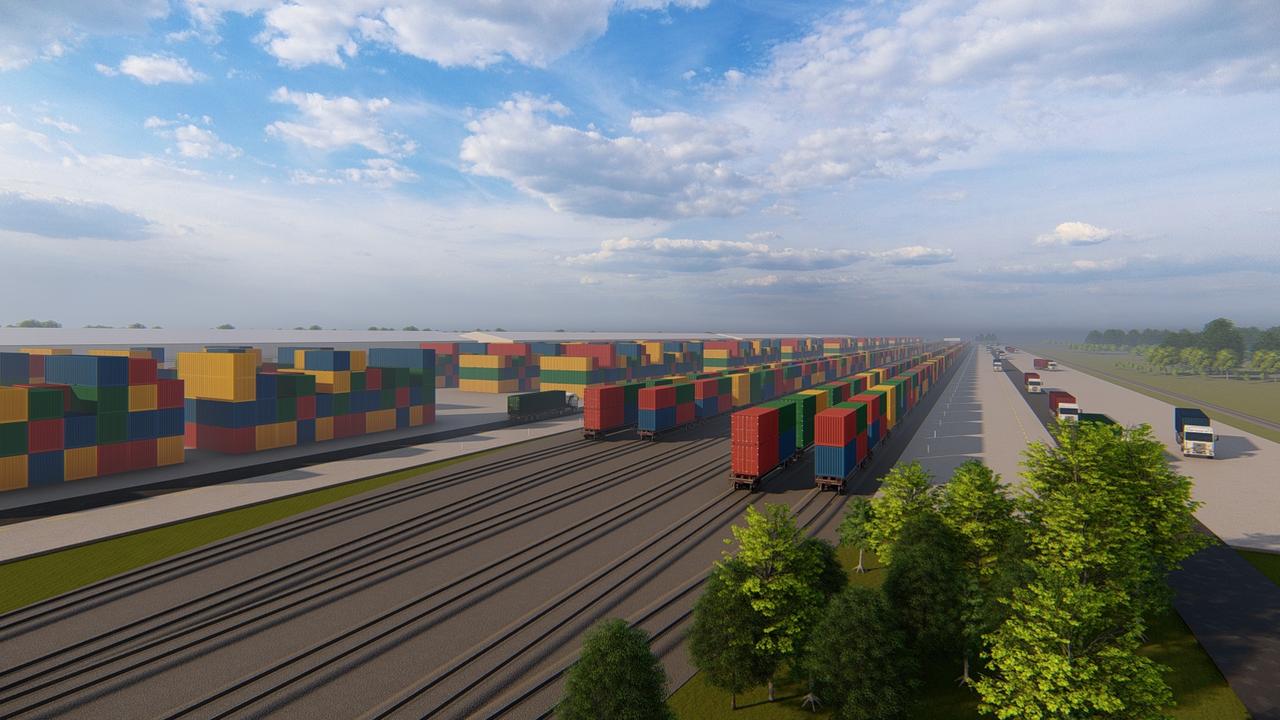 An artist's impression of how the Inland Rail multimodal freight hub at Wellcamp will look.