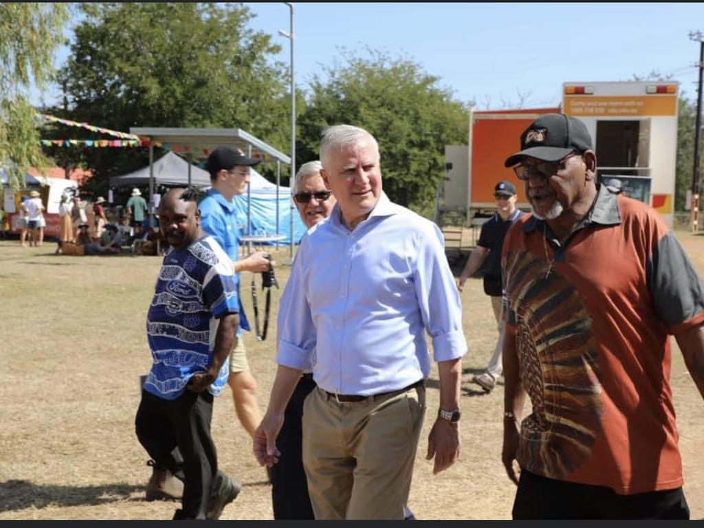 NLC chair Sammy Bush-Blanasi (right) with former deputy Prime Minister Michael McCormack at the Barunga celebration near Katherine. FACEBOOK