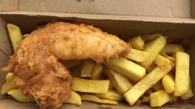 Fish and chips from The Stunned Mullet at Henley Beach. Picture: Anna Vlach