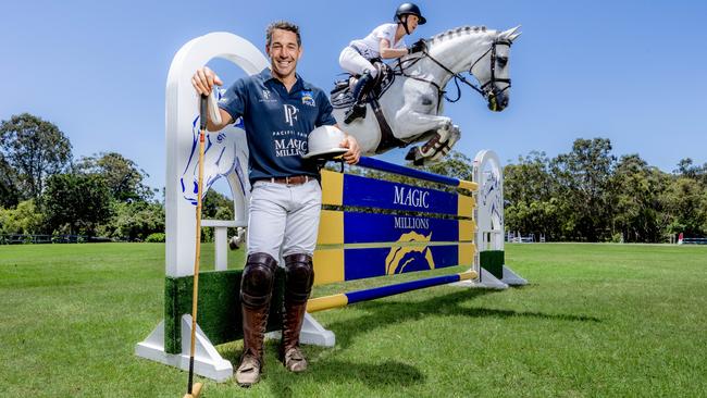 Magic Millions Ambassador Billy Slater with showjumper Olivia Hamood ahead of the polo and showjumping event next Sunday. Picture: Luke Marsden.