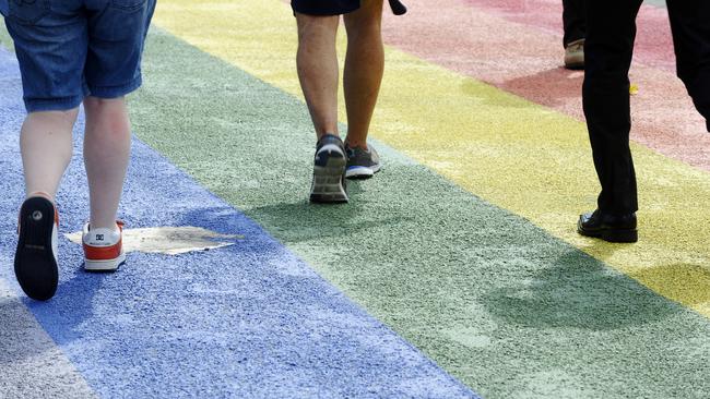 A rainbow crossing on Sydney’s iconic Oxford St, put in place for Mardi Gras. Picture: John Appleyard