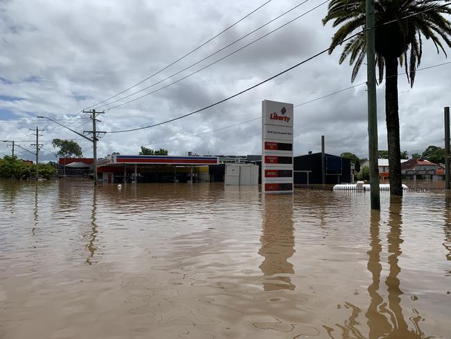 Flood water fills the Liberty service station on Ballina Road on March 1, 2022. Picture: Stuart Cumming