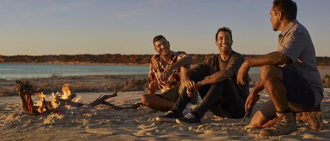 F1 driver and WA resident Daniel Ricciardo with his best mate Blake Mills (left) and Darren ‘Capes’ Capewell at Shark Bay during their road trip across WA. Picture: Tourism Western Australia