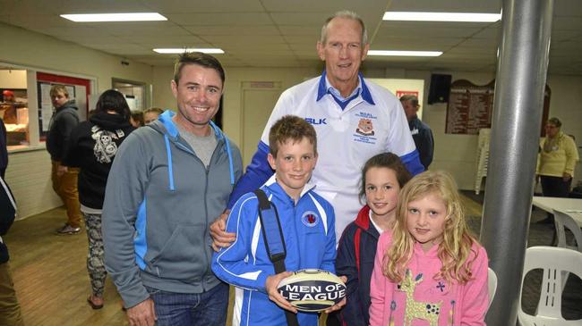 Men of League CEO Frank Barrett and Brisbane Broncos coach Wayne Bennett with Basil Nolan, Lily Nolan and Grace Ball at the Cowboys in 2015. Picture: Gerard Walsh