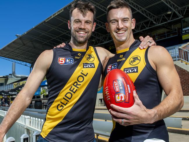 Former Brisbane Lion Jarryd Lyons, with his brother and fellow Tiger Corey Lyons at Glenelg Oval.Wednesday,October,23,2024.Picture Mark Brake