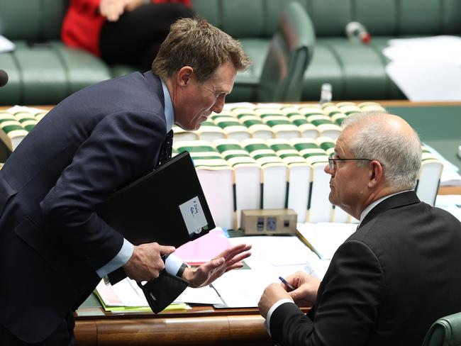 CANBERRA, AUSTRALIA NewsWire Photos AUGUST 10 2021:  Christain Porter with the PM Scott Morrison during Question Time in the House of Representatives in Parliament House Canberra.Picture: NCA NewsWire / Gary Ramage