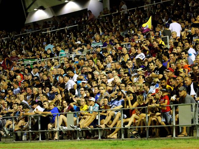 A packed house cheers on the Broncos at Redcliffe. Picture: Peter Cronin