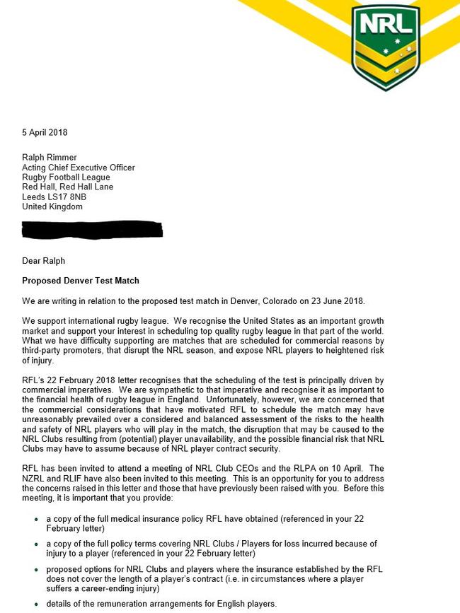 Letter sent to the NZRL by the NRL and RLPA