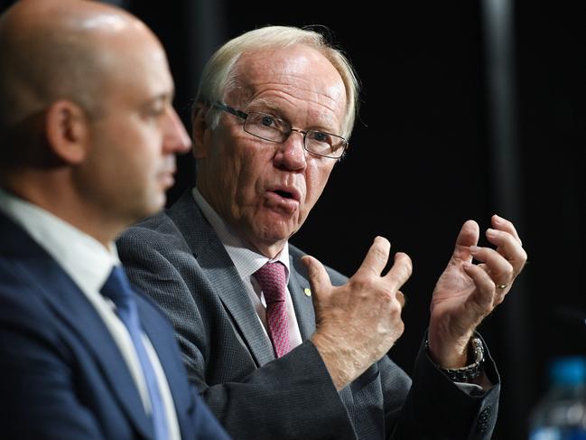 Peter Beattie (right) addressed issues around refereeing in the NRL. Picture: AA