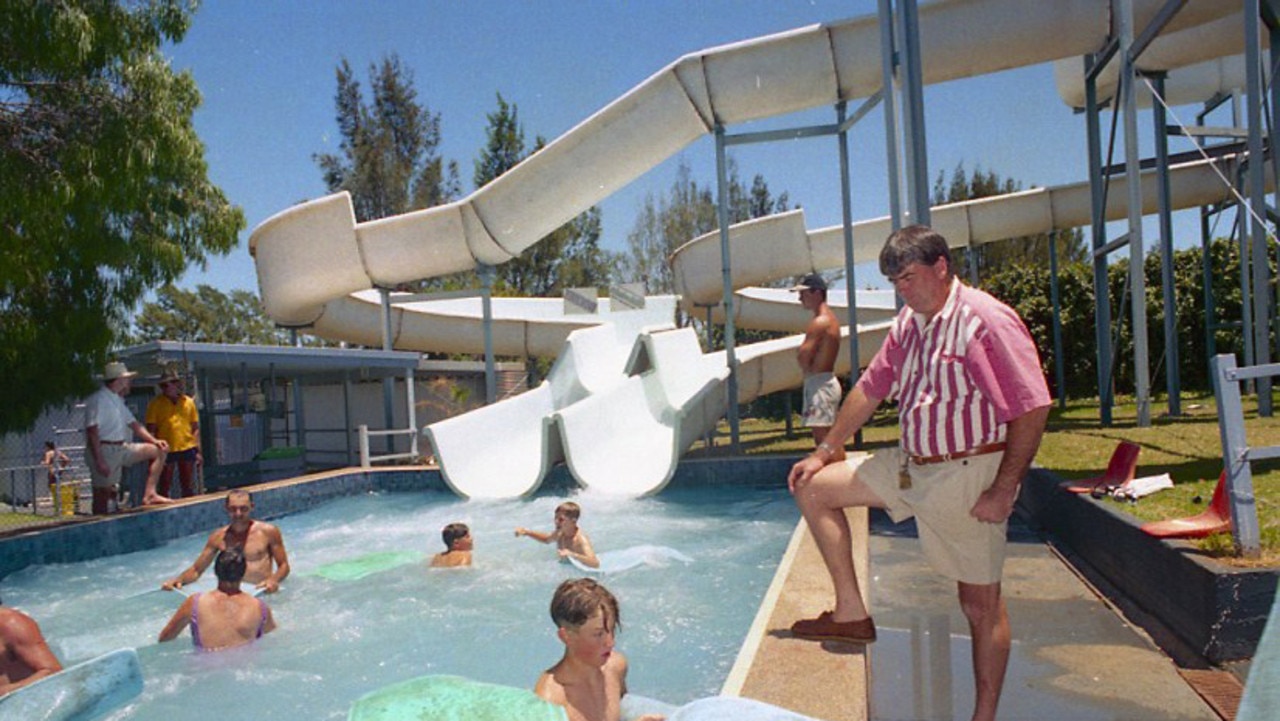 Willow Springs Adventure Park owner Jim McEwan outside the water slides – Rocket and Sidewinder. December 1994. Photograph: Errol Anderson