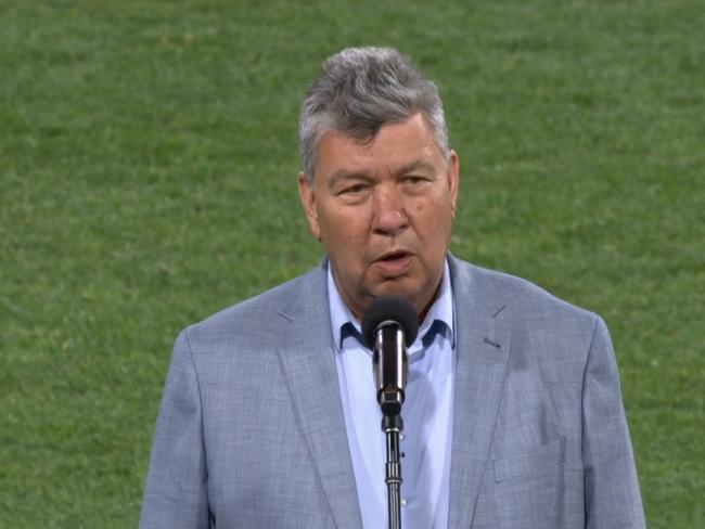 Lloyd Walker giving the Welcome to Country at the SCG on Friday night.