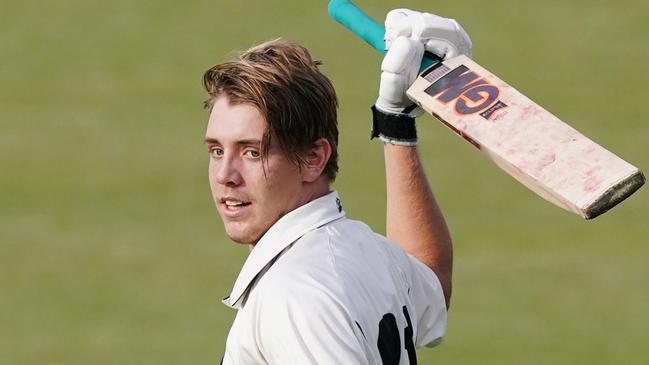 Cameron Green of Western Australia celebrates a century during the Marsh Sheffield Shield match between the Tasmanian Tigers and Western Australia at Blundstone Arena in Hobart, Monday, February 24, 2020. (AAP Image/Michael Dodge) NO ARCHIVING, EDITORIAL USE ONLY, IMAGES TO BE USED FOR NEWS REPORTING PURPOSES ONLY, NO COMMERCIAL USE WHATSOEVER, NO USE IN BOOKS WITHOUT PRIOR WRITTEN CONSENT FROM AAP