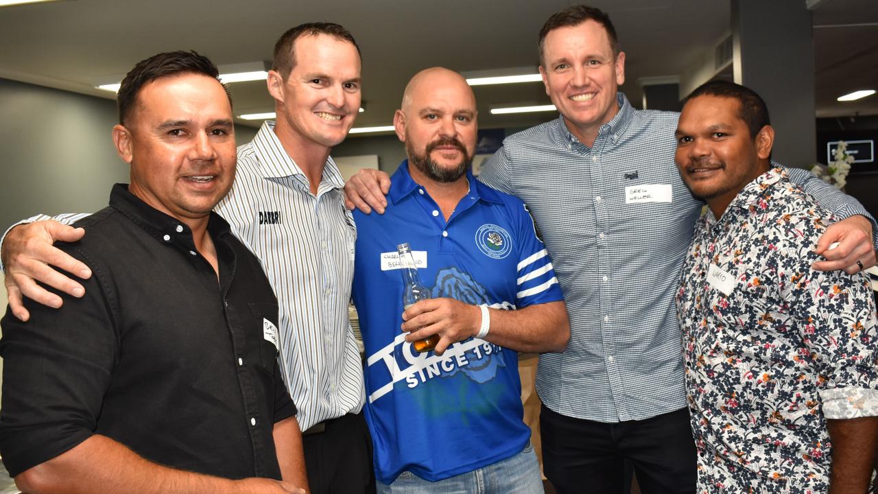 Ben Toby, Luke Scott, Charlie Beresford, Greg Weller and James Waterton at Norths Chargers' centenary celebrations at the Rockhampton Jockey Club on October 2, 2021.