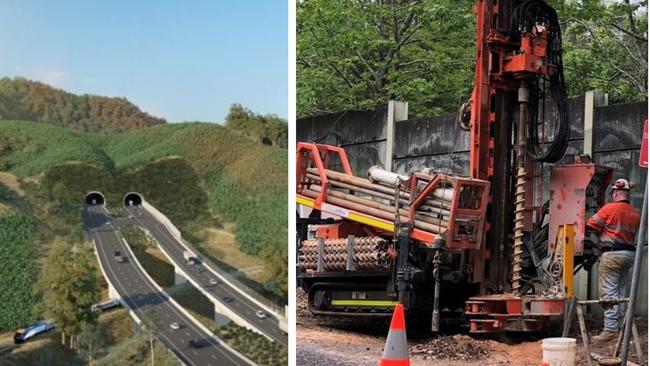 Work crews conducting drilling to test the hardness of rock in preparation for tunnels on the Coffs Harbour Bypass.