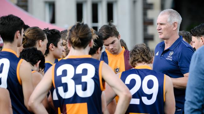 Mark Mickan talking to his St Michael’s players during a game last year. Picture: AAP/Morgan Sette