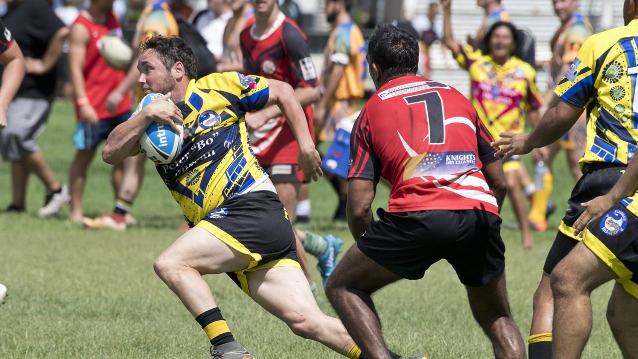 Ashley Jorrot on the attack for the Bo Duncan Memorial team against Toomelah at today’s Warriors Reconciliation Carnival at Oakey Rugby Leagues Club grounds. Picture: Nev Madsen