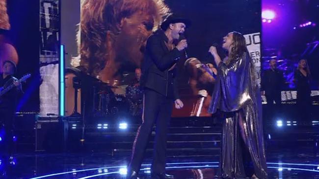 Guy Sebastian and Jess Mauboy pay tribute to John Farnham at the Logies. Picture: Channel 7