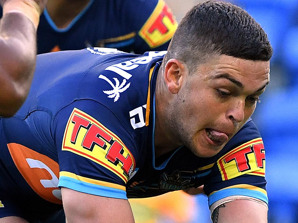 Ashley Taylor  of the Titans loses the ball near the tryline during the Round 10 NRL match between the Gold Coast Titans and the Canterbury Bulldogs at CBUS Super Stadium on the Gold Coast, Saturday, May 18, 2019. (AAP Image/Dave Hunt) NO ARCHIVING, EDITORIAL USE ONLY