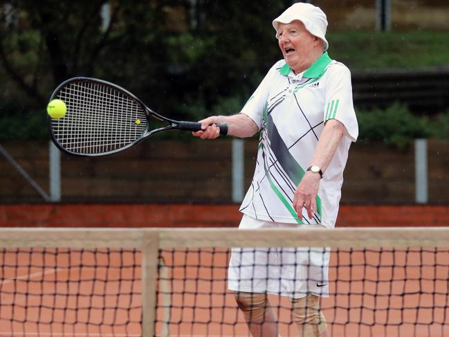 Bruce Holloway, at age 92, still plays tennis at the North Balwyn Tennis Club. Picture: Alex Coppel