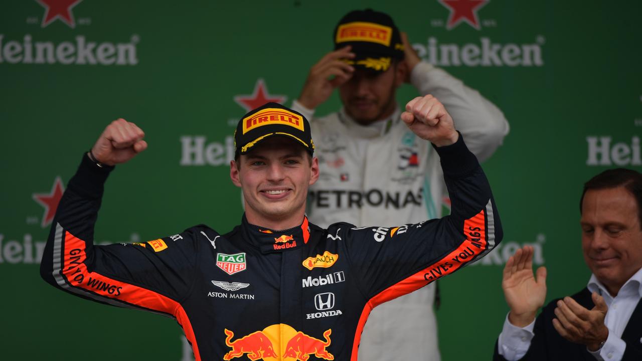 Max Verstappen celebrates on the podium after winning in Brazil. Picture: Carl De Souza