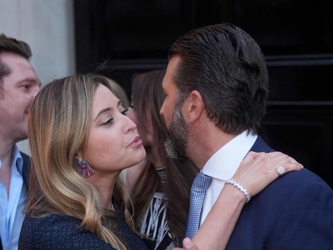 Holly Valance kisses Donald Trump Jr. farewell as he leaves a fundraiser for Donald Trump hosted by the former Neighbours star in London. Picture date: Wednesday June 12, 2024. (Photo by James Manning/PA Images via Getty Images)