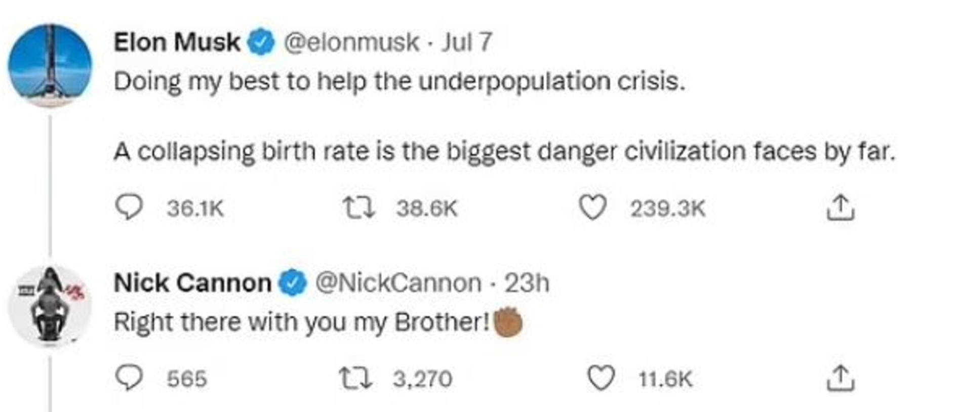Elon Musk and Nick Cannon's social media exchange. Picture: Twitter/Elon Musk.