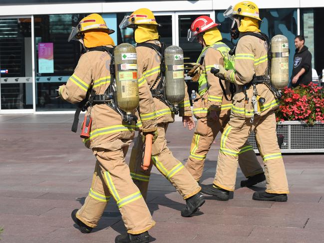 Emergency services attend the Wells St bank after a fake chemical threat. Picture: Penny Stephens.