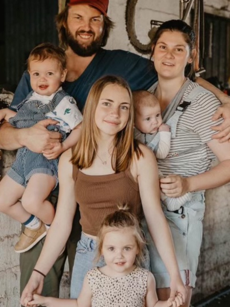 Dillon Schmaal, who died after a battle with depression, with his wife Louisa Schmaal and his children Haley, Oakley, Hunter and Tully. Picture: Supplied by family