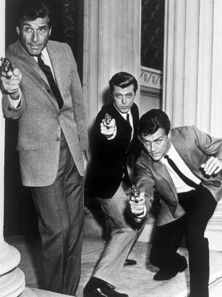 L-R) Efrem Zimbalist Jr., Edward Byrnes &amp; Roger Smith in 77 Sunset Strip. Picture: Supplied