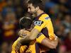 SYDNEY, AUSTRALIA - MAY 24: Corey Oates of the Broncos celebrates his try with team mate Ben Hunt during the round 11 NRL match between the Wests Tigers and the Brisbane Broncos at Campbelltown Sports Stadium on May 24, 2014 in Sydney, Australia. (Photo by Renee McKay/Getty Images)