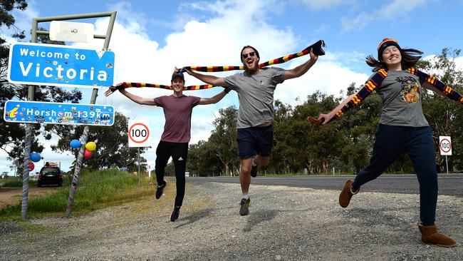 FRONTIER: Ambrose Biggins Baker, Lily Biggins Baker and Angus Baker on the road to Melbourne. Picture: Bernard Humphreys