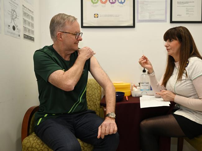 Australian Prime Minister Anthony Albanese prepares to receive his fourth dose of the Covid-19 vaccine at Adore Compounding Pharmacy in Rozelle on July 12. Picture: Dean Lewins – Pool/Getty Images