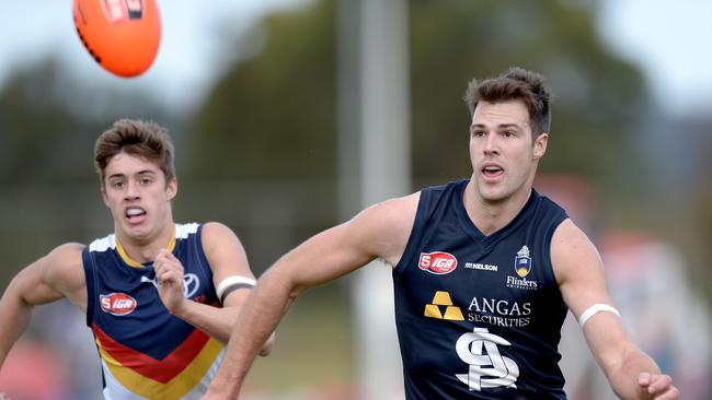 12/7/14. SANFL: South Adelaide v Adelaide at Hickinbotham Oval. Adelaide - Riley Knight and South - Keegan Brooksby Pic Keryn Stevens