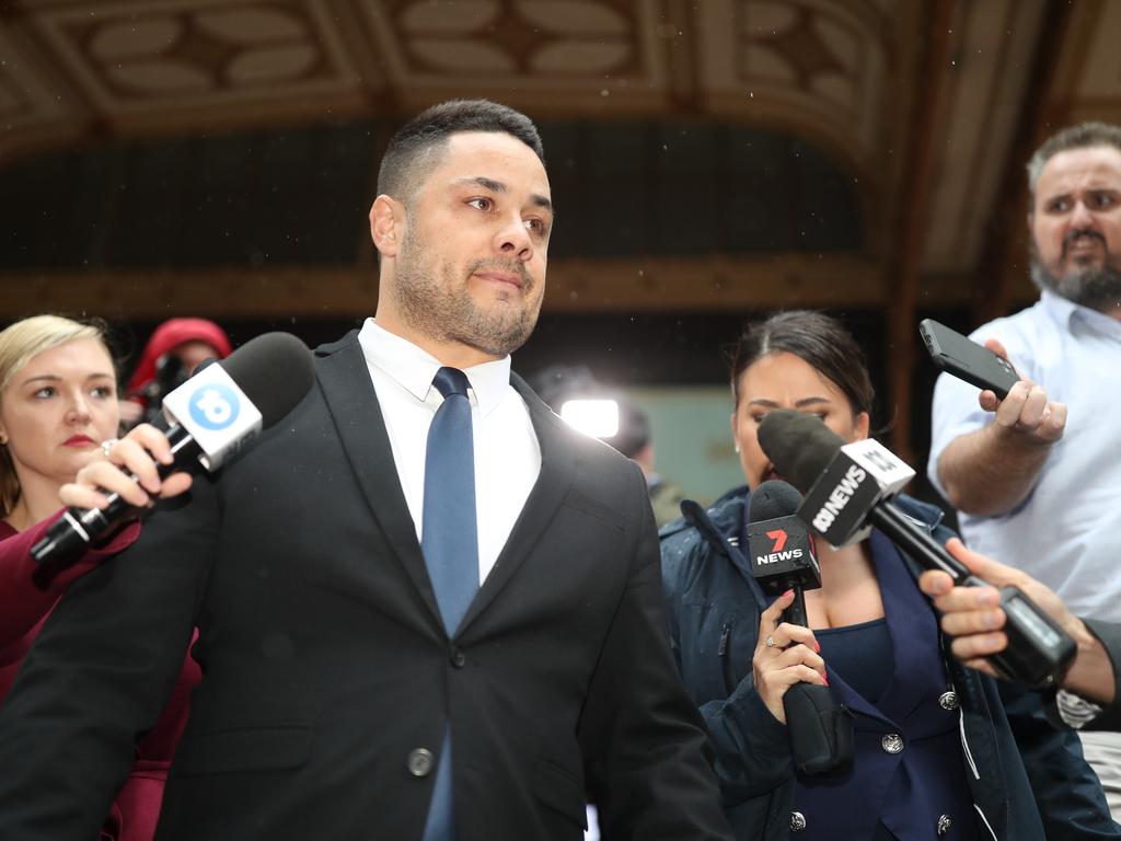 Former NRL superstar Jarryd Hayne leaves Sydney’s Downing Centre District Court after being found guilty of sexual assault. Picture: NCA NewsWire/Christian Gilles.