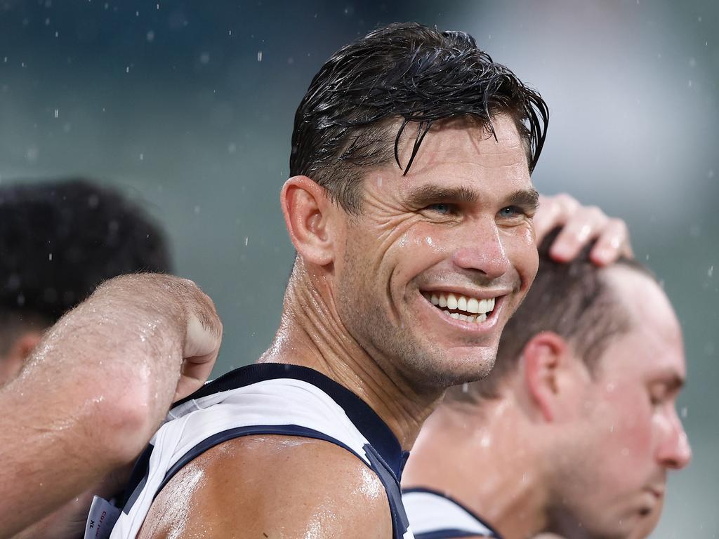 Tom Hawkins walks off after a win in his 350th game. Picture: Michael Willson/AFL Photos via Getty Images.