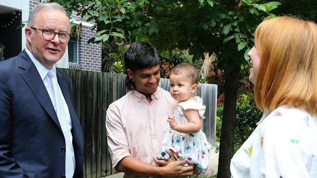 SYDNEY, AUSTRALIA : NewsWire Photos - FEBRUARY 19 2025; The Prime Minister visits  residents of a small unit complex in Dulwich Hill; James Declase and partner Louisa McSpeddan and baby Romy before addressing the media in a press conference. Picture: NewsWire/ Gaye Gerard