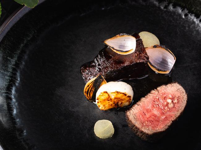 Wagyu beef, scallop, pearl onion from Hardy's Verandah Restaurant, Mt Lofty House...for Sequoia story, SA Weekend